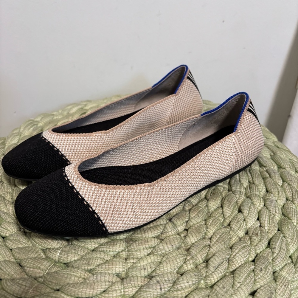 Rothy’s Square Toe Tuxedo Black/Tan Knit Slip On Comfort  Ballet Flats